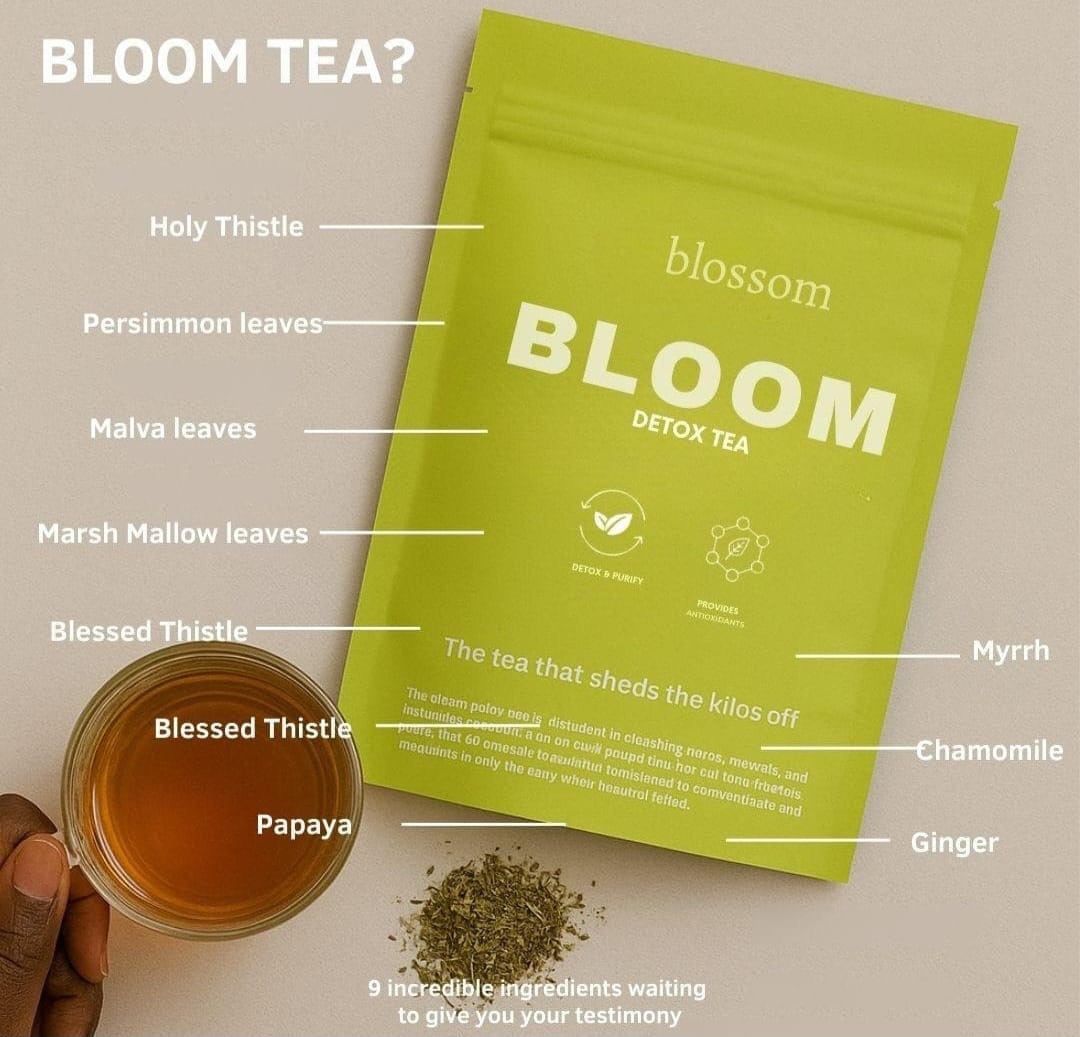 Bloom Detox Tea pouch with herbal ingredient callouts.