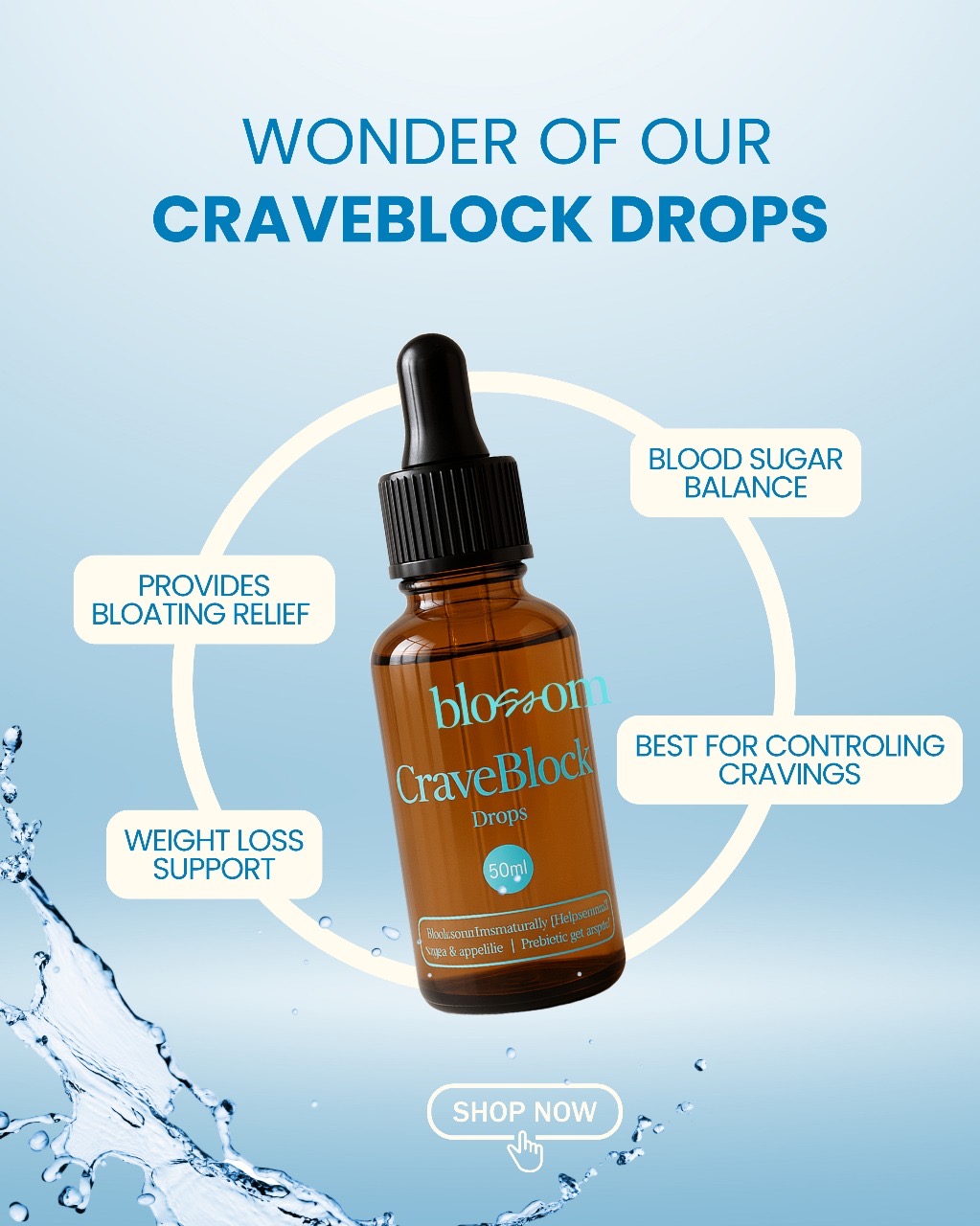 CraveBlock Drops bottle surrounded by product benefit highlights.