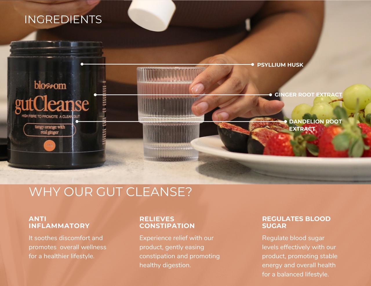 Gut Cleanse product and digestive wellbeing graphic with water, figs and grapes.